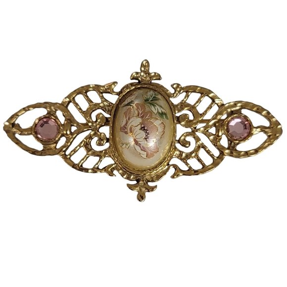 1928 Brand Pink Rhinestone Faux Pearl Filigree Bar Pin E107 - Picture 1 of 10